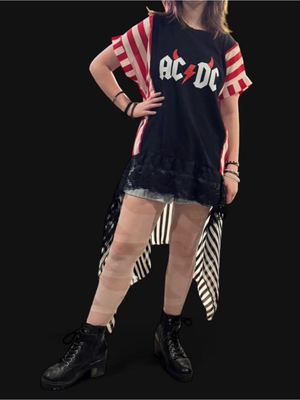 AC/DC Graphic Black & Red Tunic Top with Lace Hem